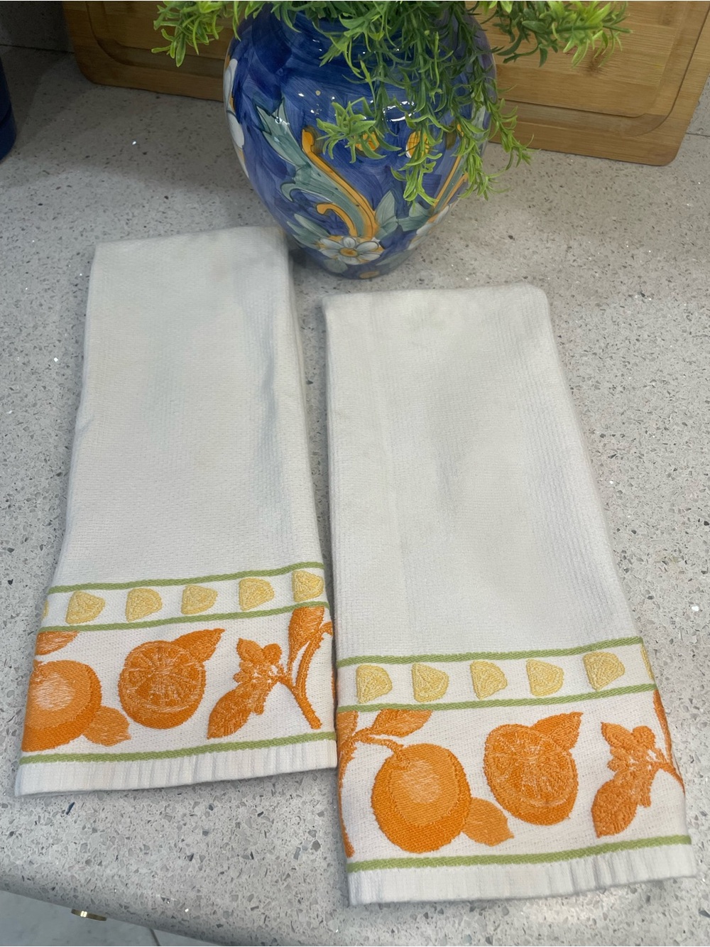 Vintage White Kitchen Towels with Embroidered Orange Citrus Border - Picture 2 of 10